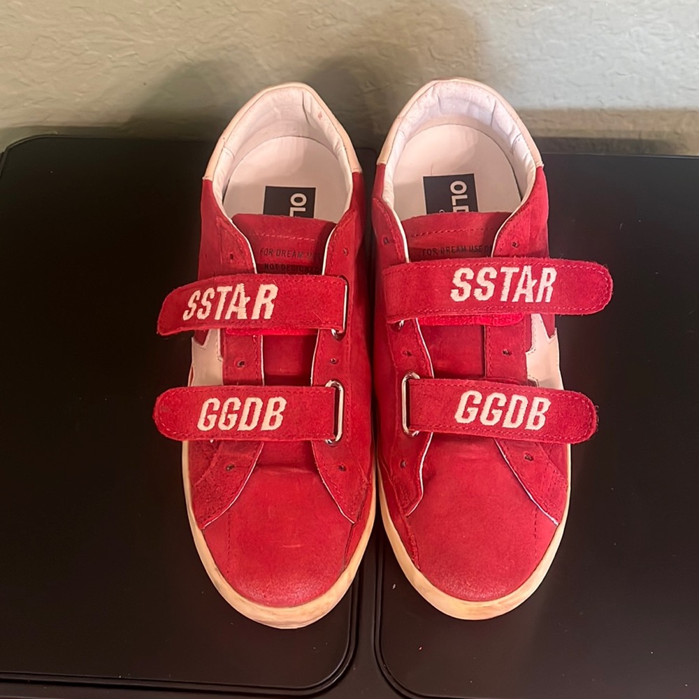 Golden Goose Red Suede Velcro Strap Sneakers